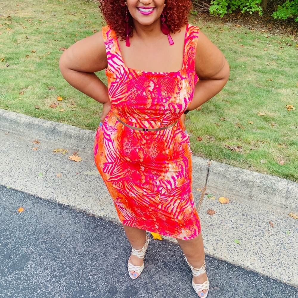 Coral, orange, fitted dress